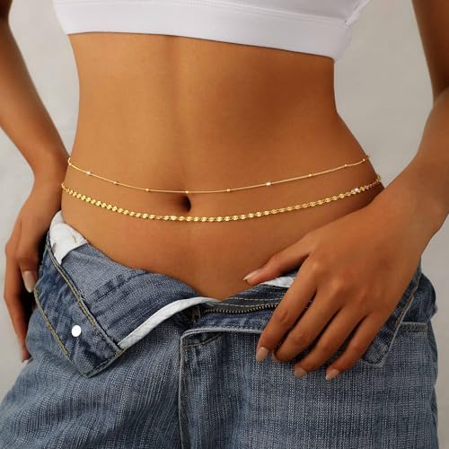 14K Gold Plated Waist Chain for Women Dainty 2Pcs Layered Belly Chain Beaded Pearl Body Chain Belt Set Waterproof Summer Beach Bikini Jewelry Accessories Adjustable Waist Beads Gift - style: 2Pcs Bead&Disc-GD