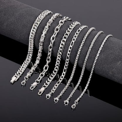 8Pcs Stainless Steel Bracelets for Men Women Sturdy Cuban Link Bracelet Curb Rope Figaro Paperclip Chain Bracelets Set Jewelry Gifts for Men, 6.9/7.5/8.3/9 Inches - color: Silver