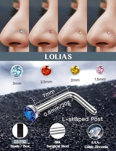 LOLIAS 80-160Pcs Surgical Steel Nose Rings Studs for Women Hypoallergenic | Straight or L Shaped Small Nose Studs Pin,Hypoallergenic 20G 22G Tiny Bone Nose Piercing Jewelry, 1.5/2/2.5/3 mm CZ Mix - color: 80Pcs 20G L shaped（multicolor）