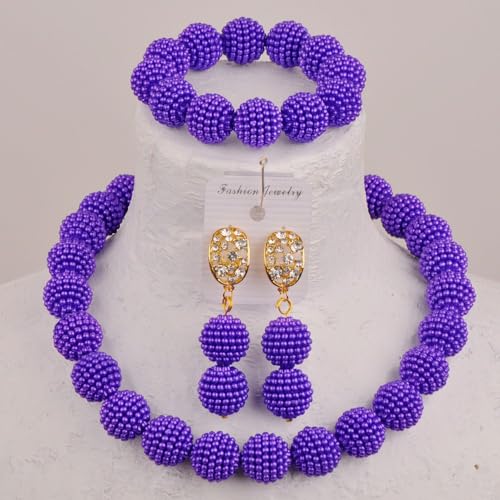 Nigerian Wedding African Beads Jewelry Set Women Simulated Pearl Necklace and Earrings - color: Dark Purple