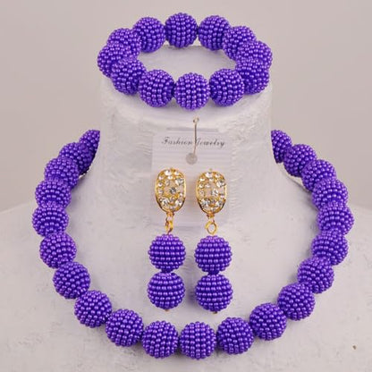 Nigerian Wedding African Beads Jewelry Set Women Simulated Pearl Necklace and Earrings - color: Dark Purple