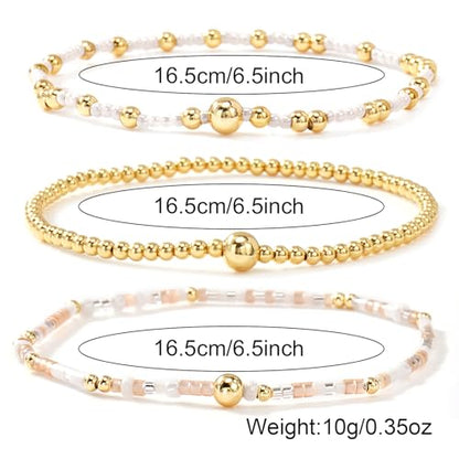 Gold Beaded Bracelet Stack for Women Colorful Small Seed Beads Bracelets Set Boho 14K Gold Plated Ball Stackable Stretch Non-Tarnish Dainty Jewelry Trendy Accessory Friendship Gift - color: pale pink and white