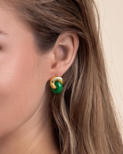 Small Twist Interlock Chunky 18K gold plated Gemstone Natural Stone (Brown, Green, Pink, White) Statement Earrings for Women by SNGIA, Dainty Love Knot Tiger Eye Amber Jade Tourmaline Bold Handmade Exaggerated Dome Retro Rounded Button Half Ball Trendy Bo