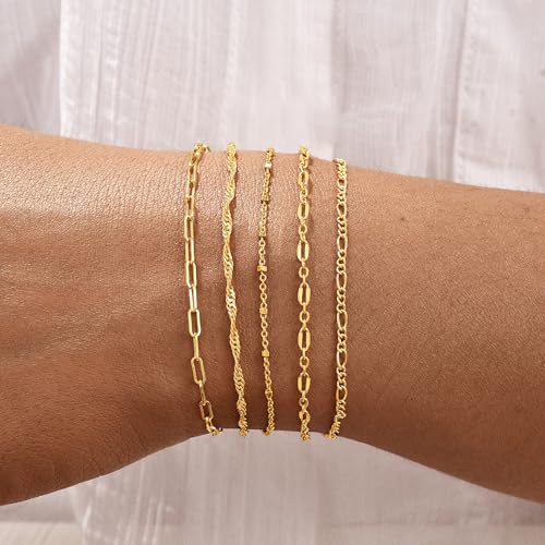 Gold Bracelets for Women, 14K Gold Plated Stackable Bracelet Stack Set Adjustable Charm Small Square Chain Snake Link Layered Waterproof Jewelry Sets Gifts - color: Bracelets-2 Gold