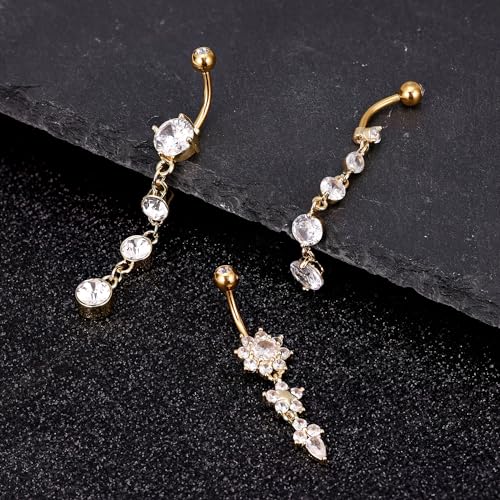 3-6PCS 14G 316L Stainless Steel Belly Button Rings for Women Navel Rings Barbell Dangle Flower CZ Body Piercing - color: C: 3 Pcs Gold-tone