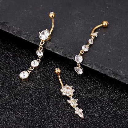 3-6PCS 14G 316L Stainless Steel Belly Button Rings for Women Navel Rings Barbell Dangle Flower CZ Body Piercing - color: C: 3 Pcs Gold-tone