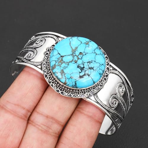 Silver Plated Statement Cuff Bangle Bracelet for Women – Handcrafted Wide Boho Bracelet with Natural Stone Inlay (Abalone Shell, Blue Turquoise, Malachite) Ideal Gift For Birthday Anniversaries Adjustable Fashion Jewelry - color: Round Shape Turquoise
