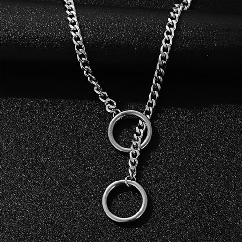 Heart O Ring Slip Chain Necklaces for Women and Men Stainless Steel Long Cuban Chain Bar Necklace Punk Rock Collar Necklaces Handmade Adjustable Lariat Y Necklace - color: Silver Ring