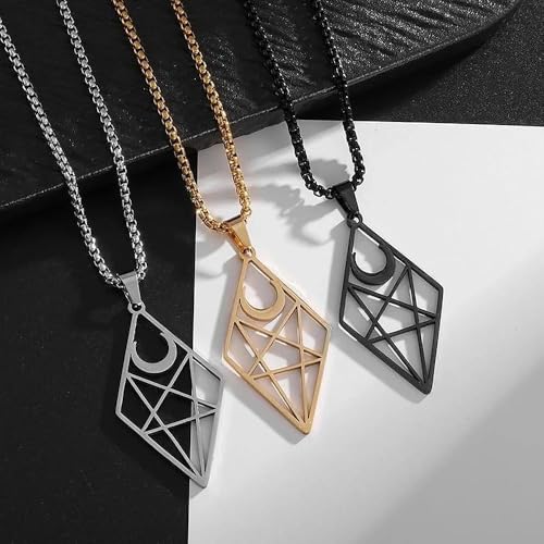 Stainless Steel Inverted Five-Pointed Star and Moon Pendant Necklace Men Women Gothic Pagan Satanic Magic Jewelry - color: golden