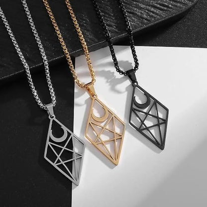 Stainless Steel Inverted Five-Pointed Star and Moon Pendant Necklace Men Women Gothic Pagan Satanic Magic Jewelry - color: golden