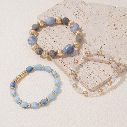 Boho Beaded Stretch Bracelets For Women Stackable Crystal Gold Plated Beaded Bracelets Set Trendy Handmade Friendship Braeclet Jewelry Gifts - color: L-Blue white 3pcs