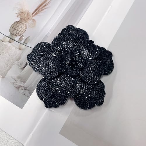 Rhinestone Flower Brooch Pin for Women Men Elegant Sparkly Crystal Camellia Floral Lapel Pins Shawl Dress Suit Clothes Accessories Wedding Party Fashion Jewelry 105mm - color: Black