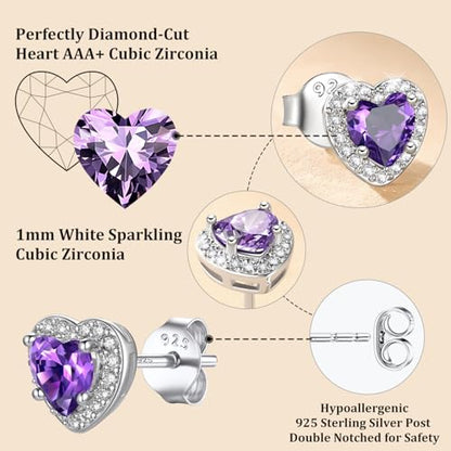 Bestyle 8mm Small Birthstone Earrings for Women with Hypoallergenic Sterling Silver Post,Sparkle Heart/Round Womens Studs Earrings, Great Birthday/Christmas/Anniversary Jewelry for Wife Mother - color: 02. Feb. Amethyst-Heart