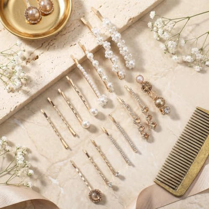 16 Pack Gold Rhinestone Pearl Decorative Bobby Pins Set Cute Hair Barrettes | Gold Hair Clips, Metal Hairs Pin, Small Fancy Bobby Pins for Women, White Bobby Pin, for Women