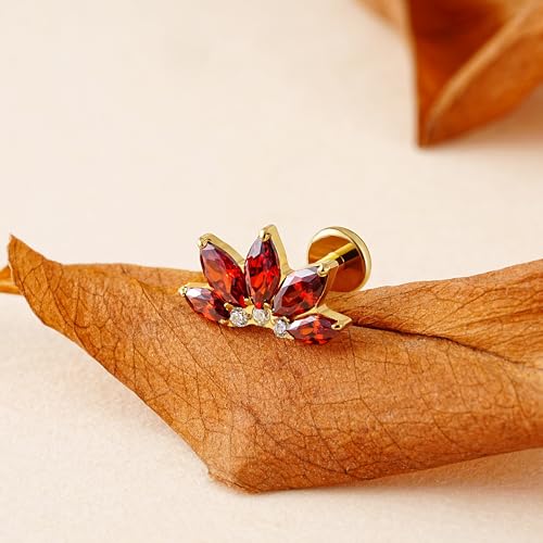 FINE4U 1PC ASTM F136 Titanium 16G Flatback Stud for Tragus, Helix, Conch 6mm 8mm - Screw on Cartilage Earring Piercing Jewelry - color: Flower CZ - Garnet - Gold