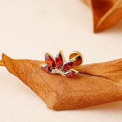 FINE4U 1PC ASTM F136 Titanium 16G Flatback Stud for Tragus, Helix, Conch 6mm 8mm - Screw on Cartilage Earring Piercing Jewelry - color: Flower CZ - Garnet - Gold