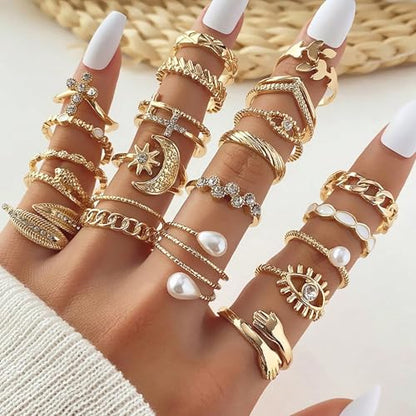 YEEZII 25 Pcs Gold Knuckle Rings Set for Women, Cute Stackable Finger Midi Rings, Dainty Gold Chunky Stacking Statement Womens ring pack - color: Gold-22 Pcs