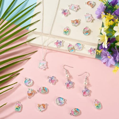 24Pcs Alloy Enamel Butterfly Flower Charms Silver Plated 3D French Style Oil Painting Pendants Vinatge Floral Pearl Bead Charms for Bracelet Necklace Earring - color: Silver Plated, 6 Styles