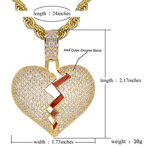 Broken Heart Pendant Necklace Hip Hop CZ Fully Iced Out Bling CZ Diamond 24K White Gold Plated with 24" Stainless Rope Chain - color: Gold
