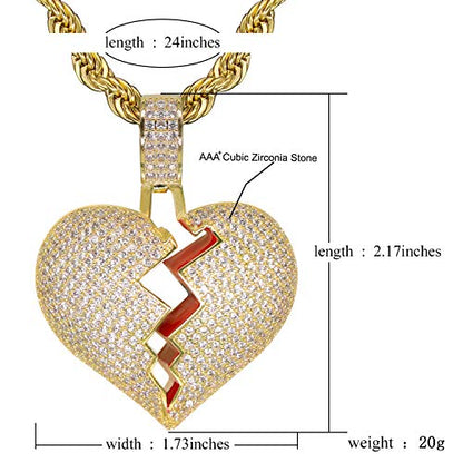 Broken Heart Pendant Necklace Hip Hop CZ Fully Iced Out Bling CZ Diamond 24K White Gold Plated with 24" Stainless Rope Chain - color: Gold