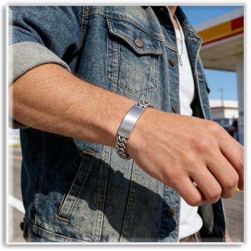 Xusamss Mens Cuban Link Bracelet Stainless Steel Double Layer Chain Jewelry Heavy Blank Bar Design Link Bracelet for Men - color: White