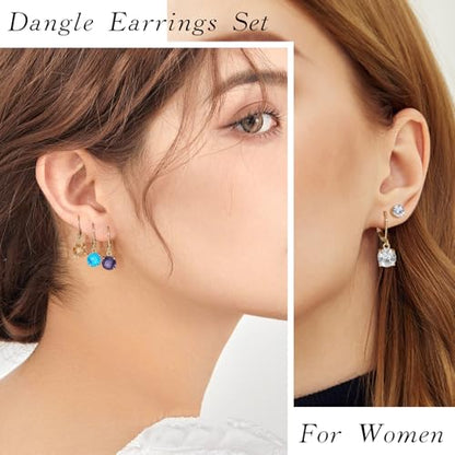 Multicolor Crystal Dangle Studs Earrings Set for Women 925 Silver Hypoallergenic Dangle Earrings Leverback Drop Earring Fashion Cubic Zirconia Leverback Stud Earring Sets Trendy Cubic Zirconia Jewelry Gifts for Women - style: 12-G