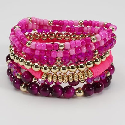 7Pcs Bohemia Multilayer Stackable Crystal Beaded Bracelet Set Multicolor Surfer Heishi Clay Gold Beaded Friendship Stretch Bracelets for Women Men Summer Beach Boho Vacation Jewelry Gifts - color: Hot pink