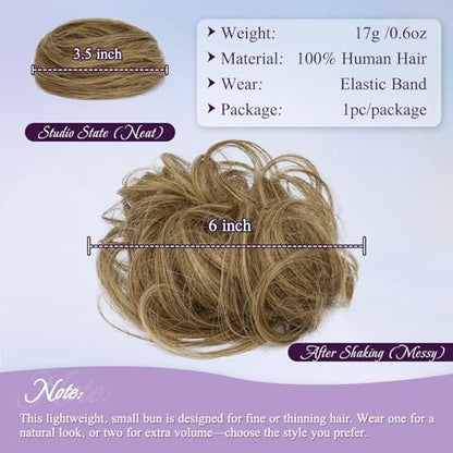 RUWISS 100% Human Hair Bun Small Messy Bun Hair Piece, One Hairpiece Two Styles Mini Natural Looking Scrunchies Updo for Daily, Hair Buns for Women Ponytail (Brown with Warm Blonde Highlights) - color: 4/18# Brown with Warm Blonde Highlights