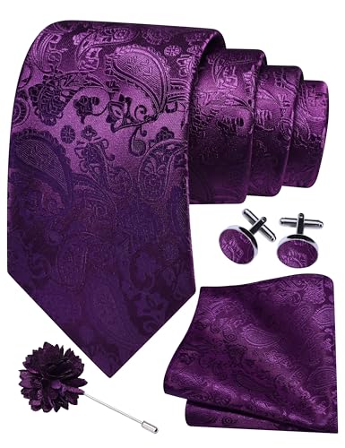 GUSLESON 3.15"（8cm） Mens Paisley Tie and Lapel Pin Necktie Hankerchief Cufflinks Set for Men - color: Dark Purple