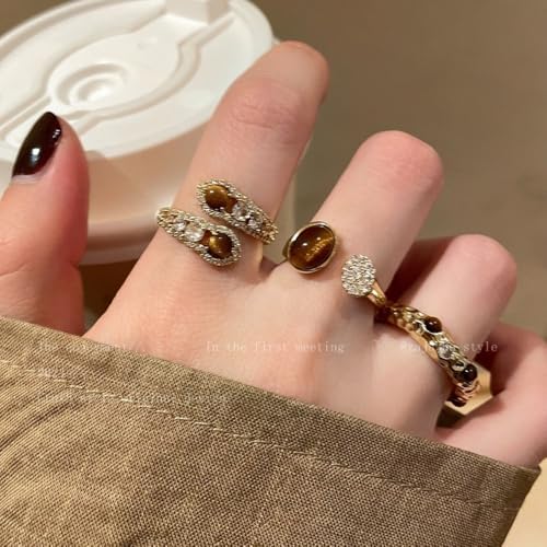 Tiger's Eye & Crystal Stackable Open Ring Adjustable Gold Tone Boho Statement Rings for Women - color: Gold 03