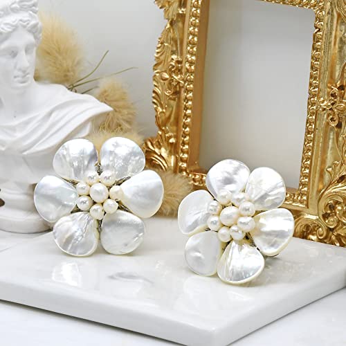 AeraVida Hand Carved White Mother of Pearl Flower Clip On Earrings Handmade Artisan Pearl Floral Statement Jewelry | Non Pierced Earrings for Women