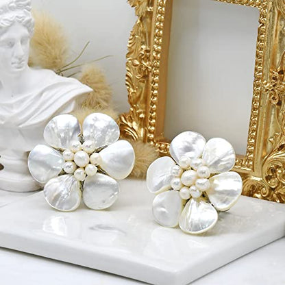 AeraVida Hand Carved White Mother of Pearl Flower Clip On Earrings Handmade Artisan Pearl Floral Statement Jewelry | Non Pierced Earrings for Women