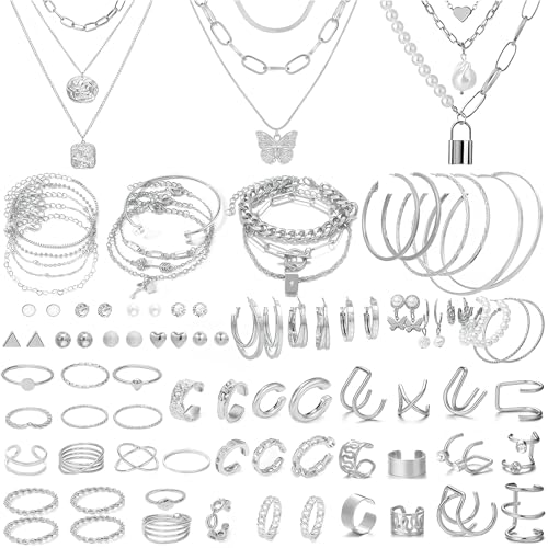 NEWITIN 61 Pieces Rose Gold Jewelry Set for Women Fashion Costume Jewelry | Bohemian Jewelry, Inlaid Cubic Zirconia, Gold Plated Necklace Bracelets Rings Earrings Set for Women Party Daily, Women Gifts - color: Silver