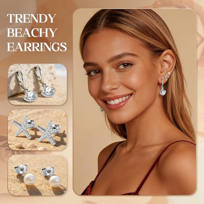 14K Gold Hoop Dangle Stud Earrings Surgical Steel Helix Piercing | Hypoallergenic,Cubic Zirconia,3 Pairs Huggie Hoop Set for Women,Dangle Stud,Cartilage Tragus Conch Earring,Jewelry Gift - color: L2-Silver Shell & Pearl Earrings