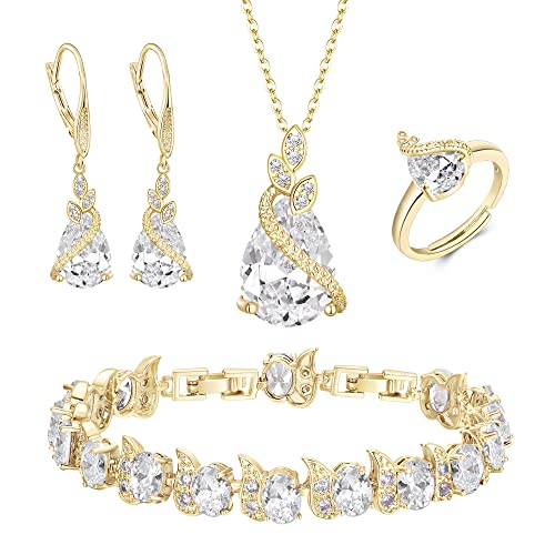 Jewelry Set for Bride, Sparkling Water Drop Cubic Zirconia Crystal Pendant Necklace Leverback Earrings Tennis Bracelet Adjustable Ring Gift for Wedding/Birthday/Mother's Day/Christmas - color: 09-Clear Gold-Plated-Brass