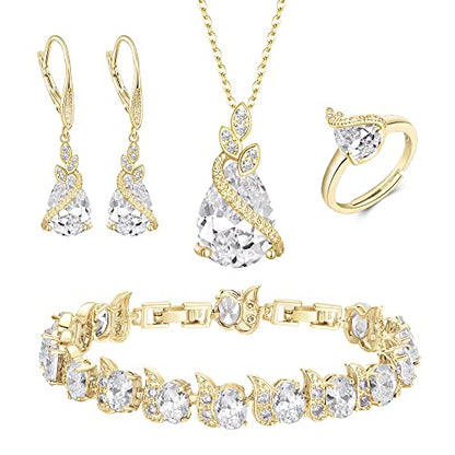 Jewelry Set for Bride, Sparkling Water Drop Cubic Zirconia Crystal Pendant Necklace Leverback Earrings Tennis Bracelet Adjustable Ring Gift for Wedding/Birthday/Mother's Day/Christmas - color: 09-Clear Gold-Plated-Brass