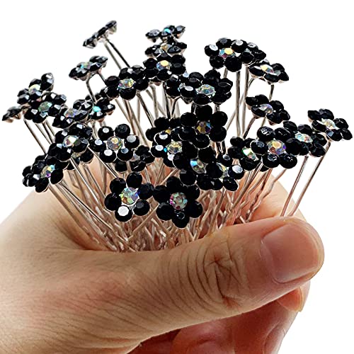 Rhinestone Flower Hair Pins, 40 Pcs U-Shaped Crystal Party Wedding Bridal Hair Accessories for Women Girls (Black) - color: Black