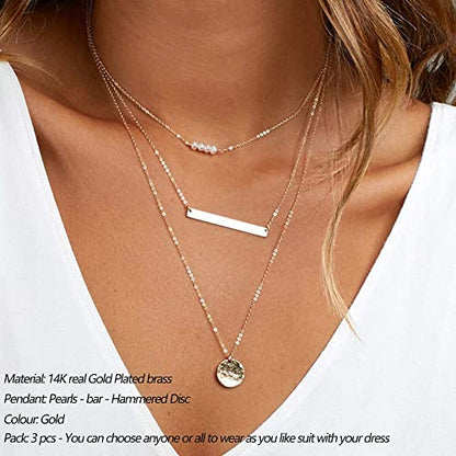 Turandoss Dainty Layered Choker Necklace, Handmade Y Pendant Necklace Multilayer Bar Disc Necklace Adjustable Layering Choker Necklaces for Women - style: "3PCS - simulated Pearls&Bar&Hammered Disc