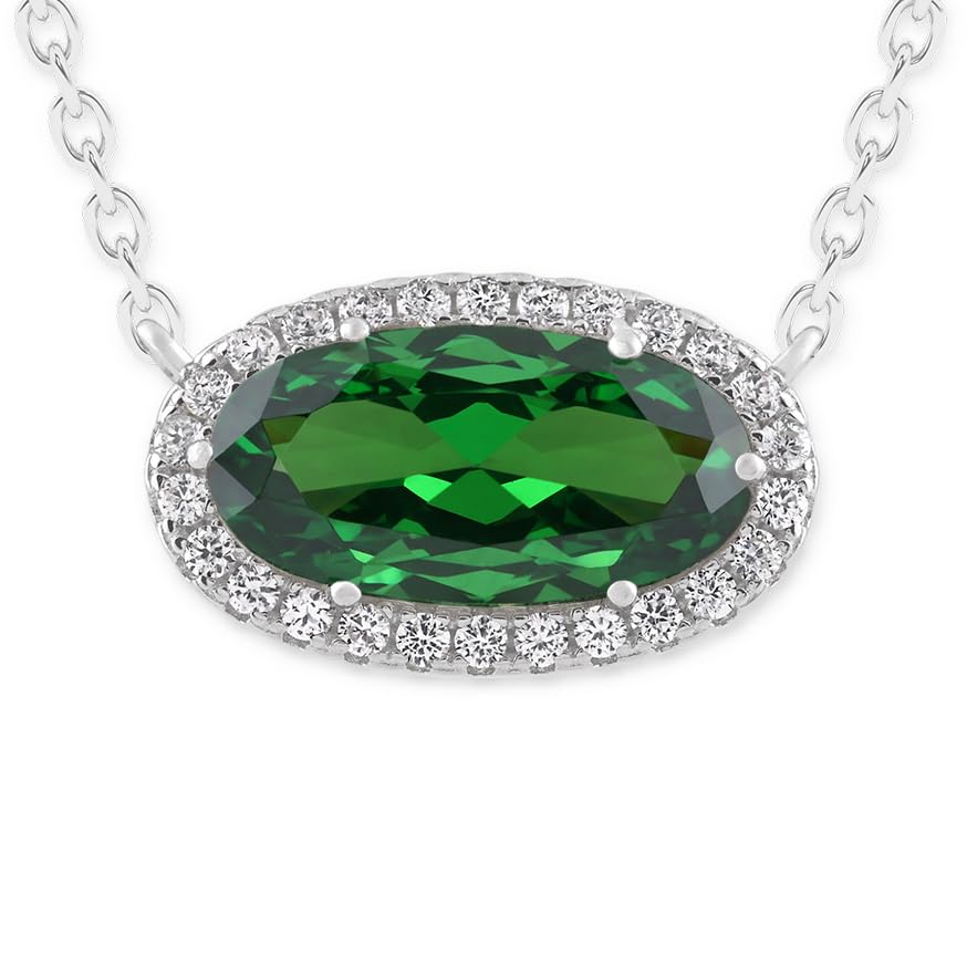 Belacqua Gemstone Necklace in Sterling Silver,Halo Pendant with Accent, Oval Cut 6 * 12mm, 15" Cable Chain with 2" Extender, Spring Ring Clasp, Dainty Birthstone Necklace for Women, Gift Box Included - color: 05-May-Emerald Green