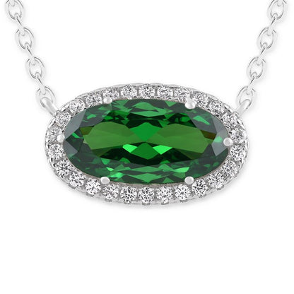 Belacqua Gemstone Necklace in Sterling Silver,Halo Pendant with Accent, Oval Cut 6 * 12mm, 15" Cable Chain with 2" Extender, Spring Ring Clasp, Dainty Birthstone Necklace for Women, Gift Box Included - color: 05-May-Emerald Green