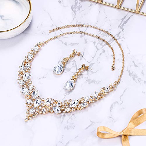 Women's Wedding Statement Necklace Dangle Earring Jewelry | Austrian Crystal Teardrop Cluster,Necklaces Earrings Set for Bride Bridesmaid,Prom Accessories - color: 09-Clear Gold-Plated-Base