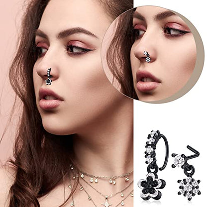 18 Pcs Dangle Nose Ring L Shaped Dangling Nose Stud Nose Ring Hoop Indian Nose Piercing Jewelry with Charm - color: Black