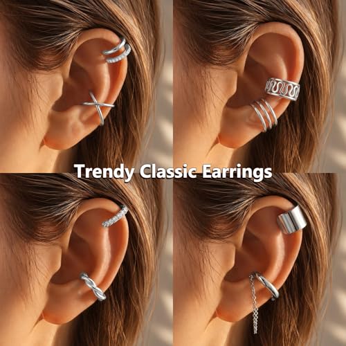 JFORYOU Stainless Steel Ear Cuff Fake Helix Cartilage Clip On Wrap Earrings Fake Lip Ring Non-Piercing Adjustable Men Women - color: Style F-Silver