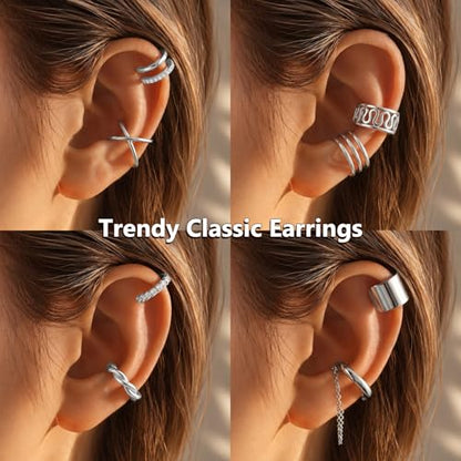 JFORYOU Stainless Steel Ear Cuff Fake Helix Cartilage Clip On Wrap Earrings Fake Lip Ring Non-Piercing Adjustable Men Women - color: Style F-Silver