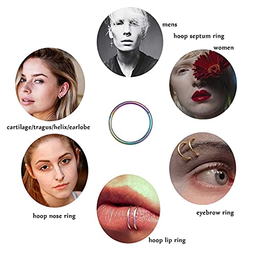 MissNity 316L Surgical Steel Hinged Nose Rings Hoop 20G 18G 16G 14G, Diameter 6mm to 10mm, Color Gold - Rose Gold - Silver - Black - Rainbow - color: A01: rainbow - 1pc