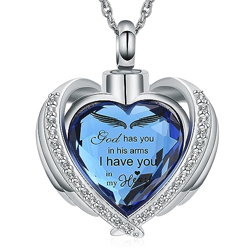 shajwo Cremation Heart Urn Necklace Ashes Jewelry for Women Men Keepsake Pendant Memorial Locket Ash Holder - color: Wing-G Blue