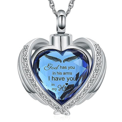 shajwo Cremation Heart Urn Necklace Ashes Jewelry for Women Men Keepsake Pendant Memorial Locket Ash Holder - color: Wing-G Blue