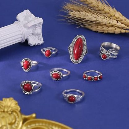 Bohemian Turquoise Ring for Women Stackable Vintage Chunky Boho Turquoise Ring Set Dainty Open Gemstone Knuckle Midi Finger Rings Western Statement Rings Jewelry - style: red eight