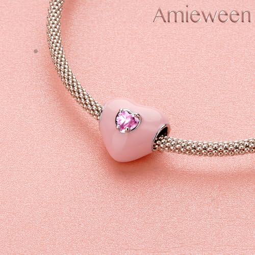 S925 Charms for Bracelets and Necklaces, Gifts for Mothers Nurses Day Graduation, for Girlfriend Family Friend, Bead Pendant, for Pandora, Silver 14K Gold Plated Enamel CZ, DIY Jewelry Making - style: 27 Pink Heart Charms with CZ