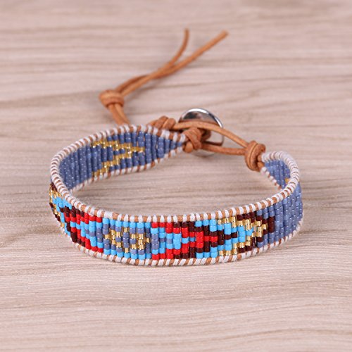 KELITCH Women Pearls Friendship Bracelets Handmade Blue Seed Bead Leather Wrap Bracelet Fashion Jewelry - color: E